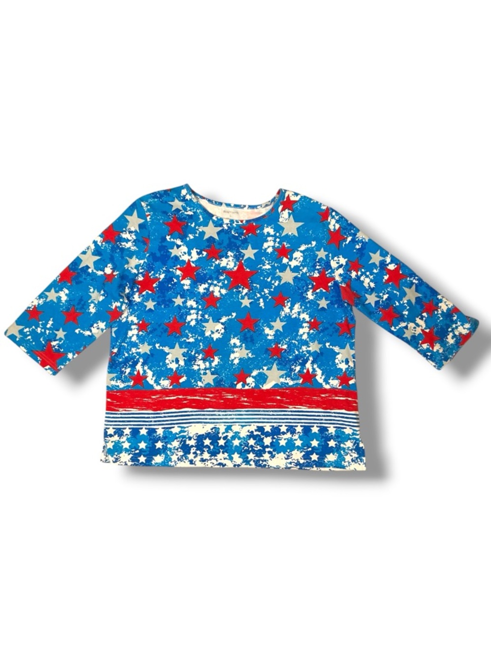 Patriotic Print Top Cotton Blend  3/4 Sleeve Round Neck Red Accent Blue Women L - Picture 6 of 14